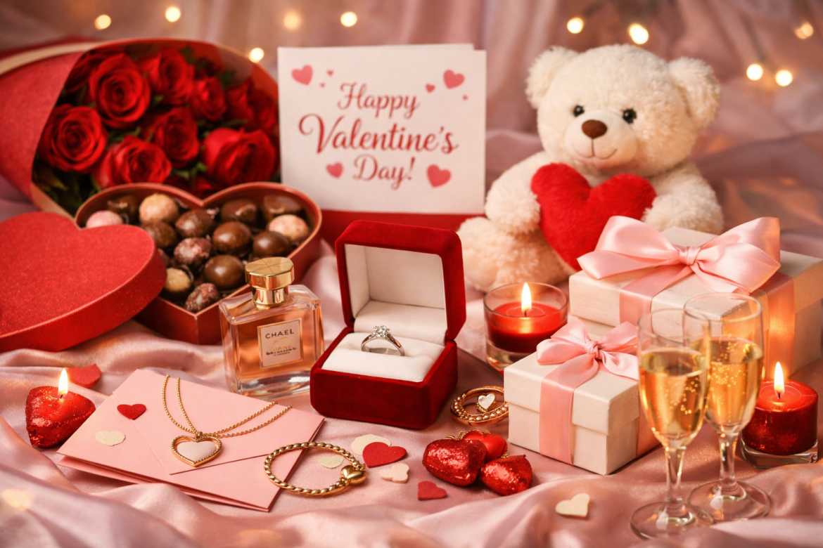 Valentine’s Day gifts for her including jewelry roses and romantic surprise ideas