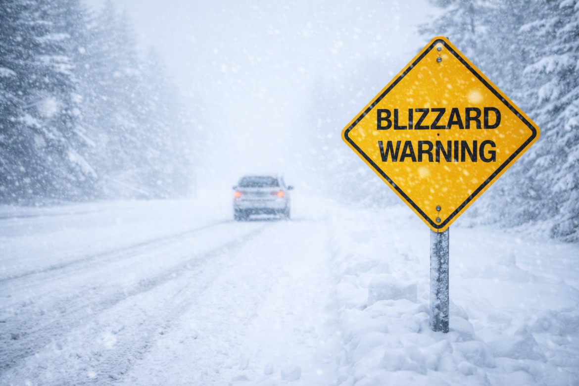 Blizzard Warning road sign during severe winter snowstorm with low visibility