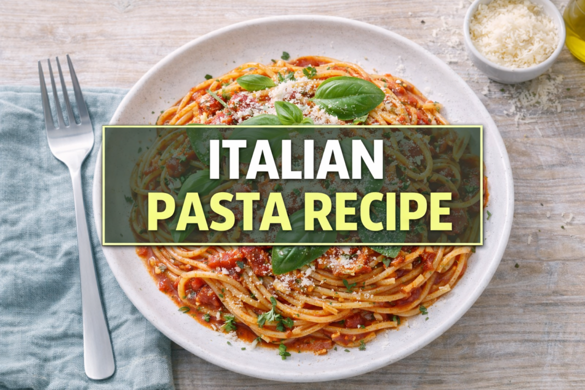 italian pasta recipe with tomato sauce and fresh basil