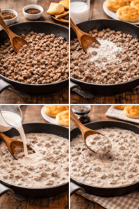 Creamy Southern Sausage Gravy Recipe made with pork sausage and milk served over flaky biscuits.