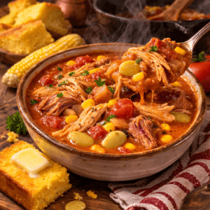 Traditional Virginia Brunswick Stew featuring shredded chicken, pulled pork, tomatoes, corn, and lima beans simmered into a thick Southern comfort dish.