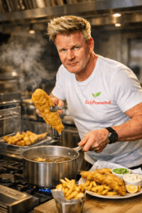Gordon Ramsay cooking crispy homemade fish and chips in a kitchen