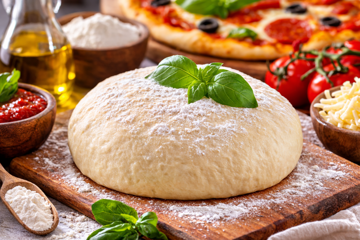 easy homemade pizza dough recipe freshly kneaded dough on wooden board