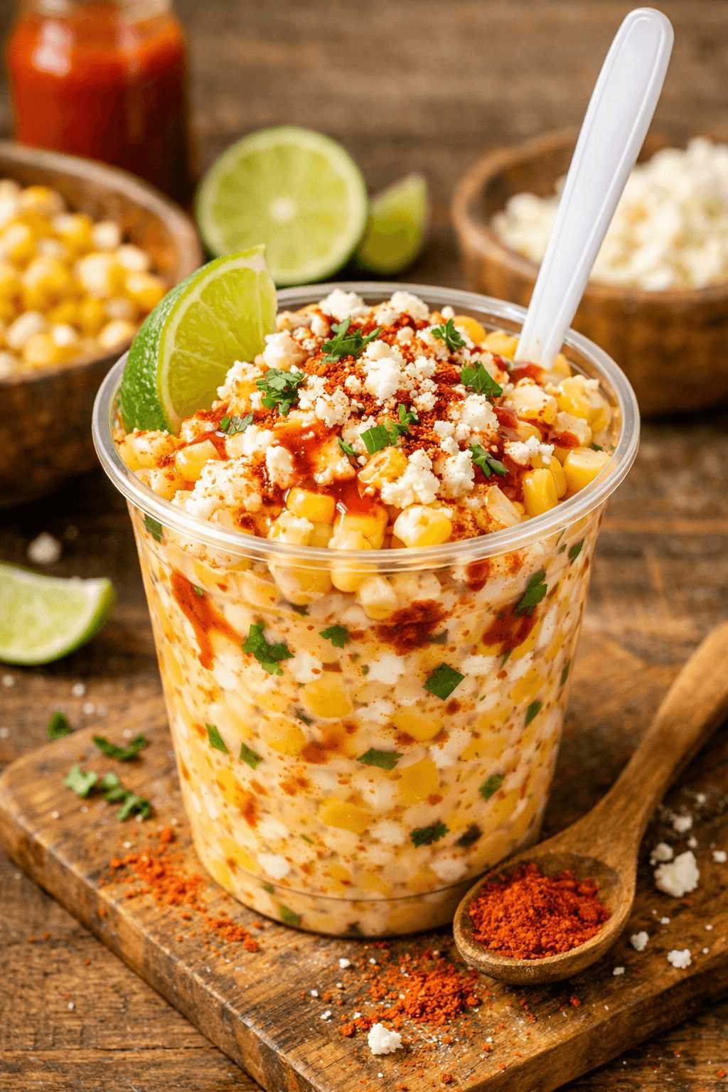 elote en vaso Mexican street corn cup with Cotija cheese and chili powder
