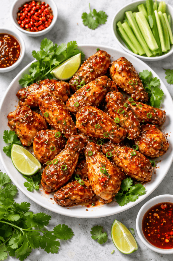 Woman enjoying Thai chili chicken wings while holding a white KickPromoted mug in a modern kitchen