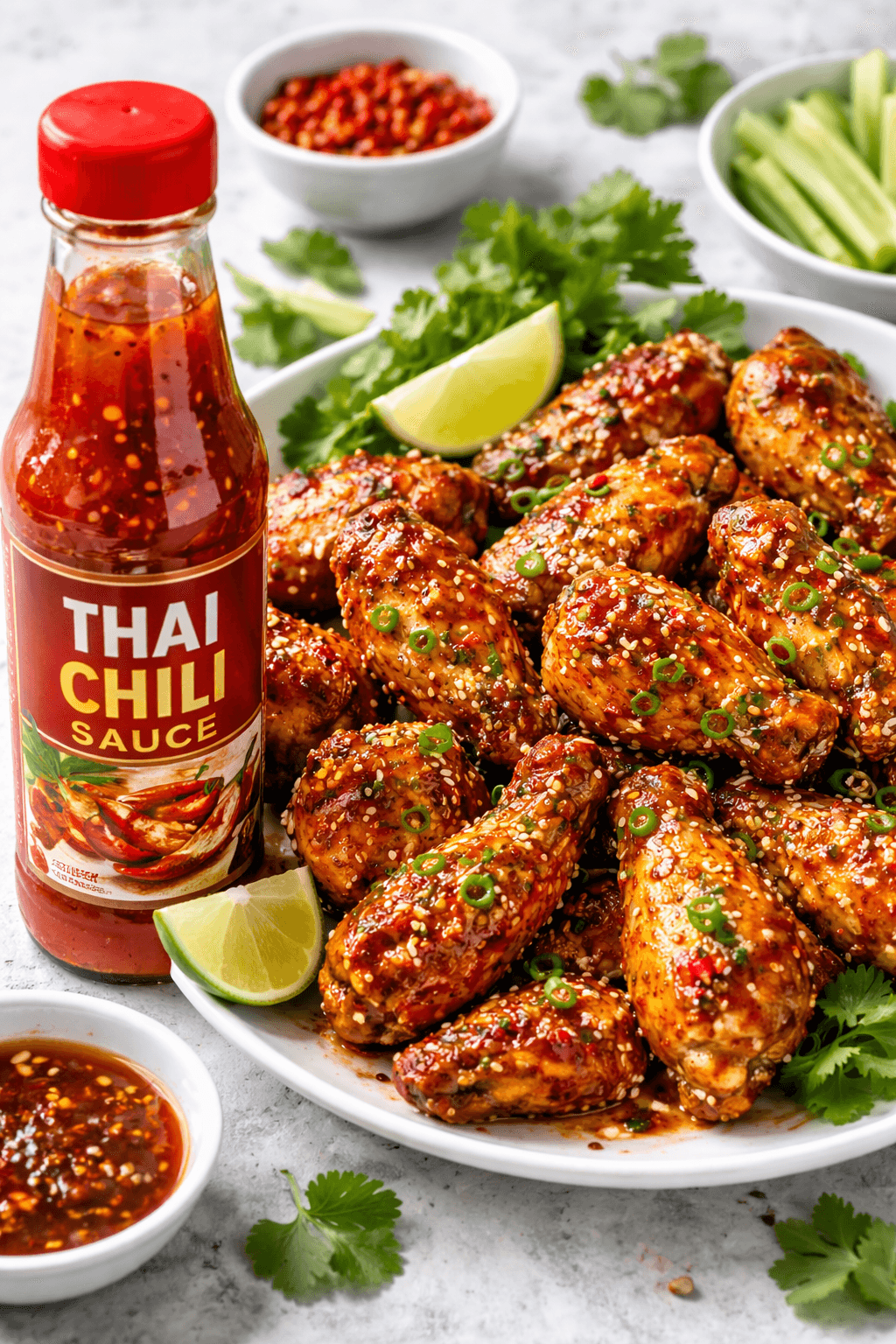 Woman enjoying Thai chili chicken wings while holding a white KickPromoted mug in a modern kitchen