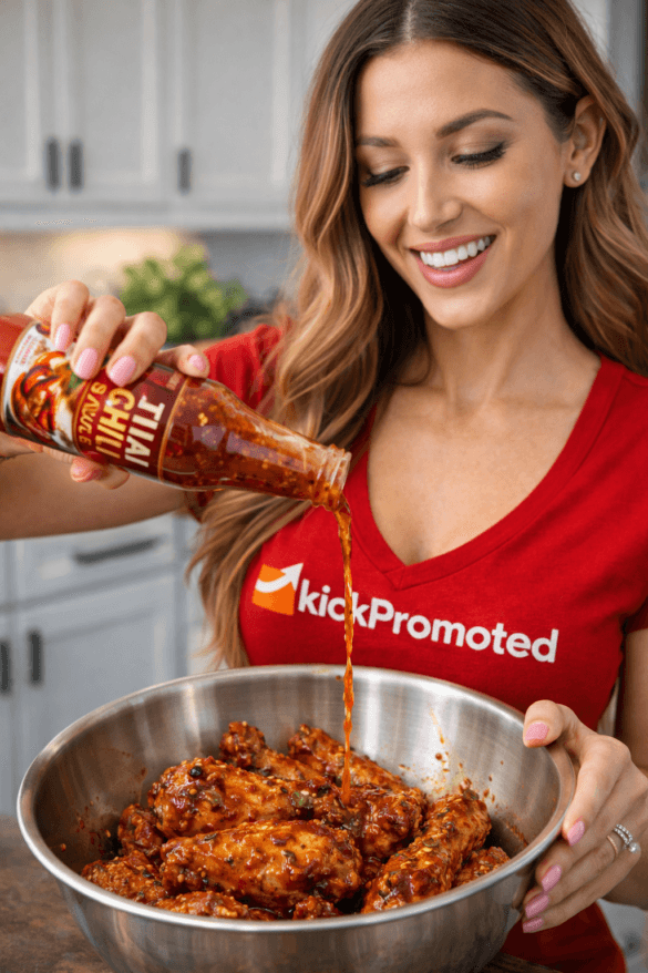 Woman enjoying Thai chili chicken wings while holding a white KickPromoted mug in a modern kitchen