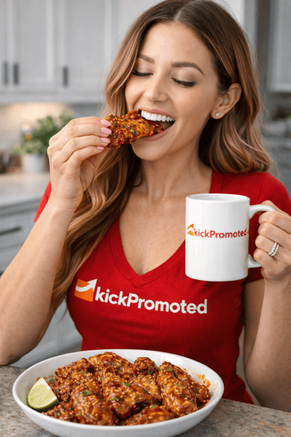 Woman enjoying Thai chili chicken wings while holding a white KickPromoted mug in a modern kitchen