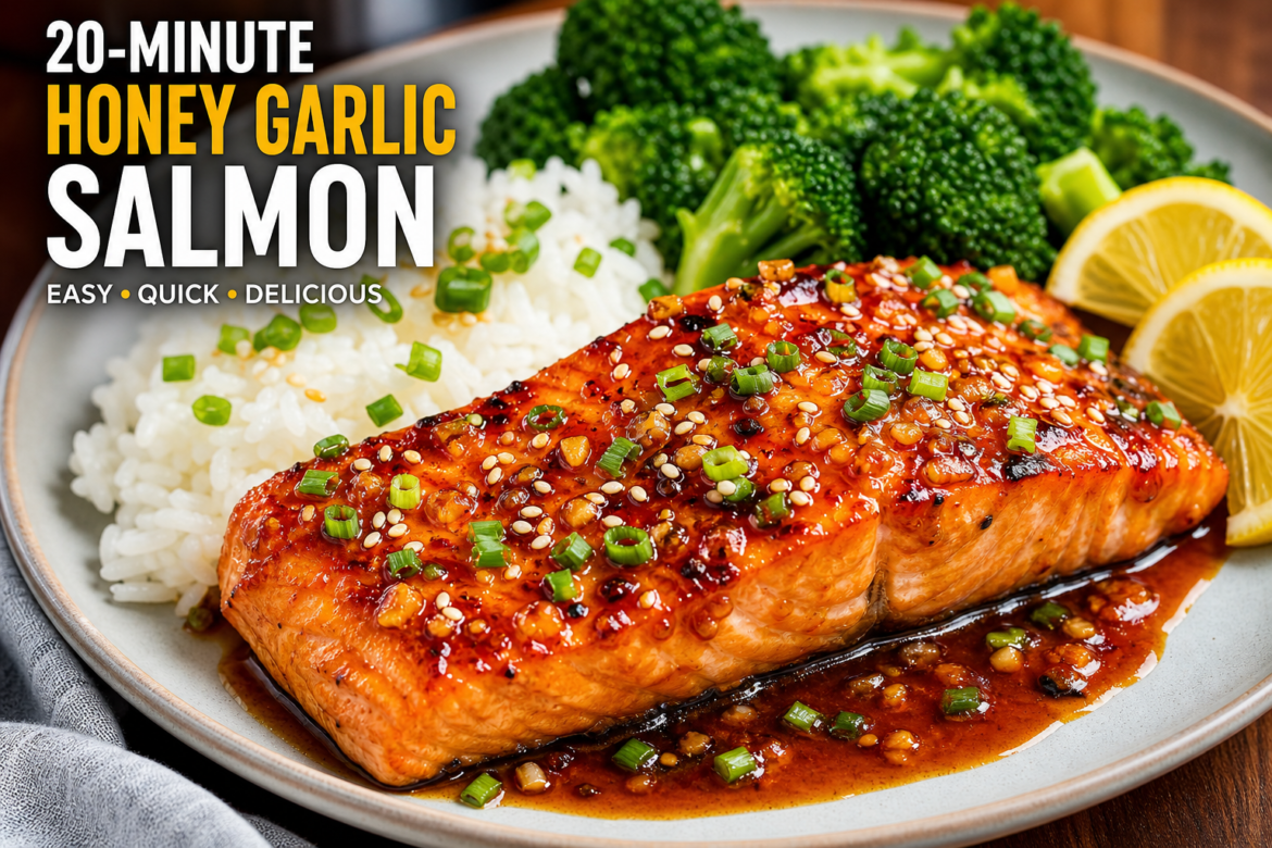 20-Minute Honey Garlic Salmon served with steamed rice, broccoli, sesame seeds, green onions, and lemon slices on a dinner plate