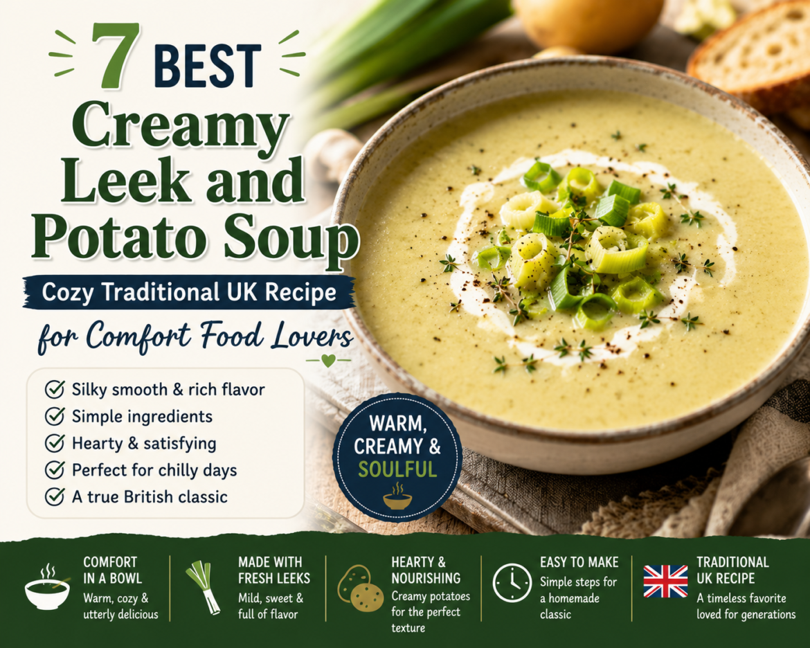 Creamy leek and potato soup served in a rustic bowl with herbs, showcasing a smooth texture and comforting traditional UK style recipe presentation.