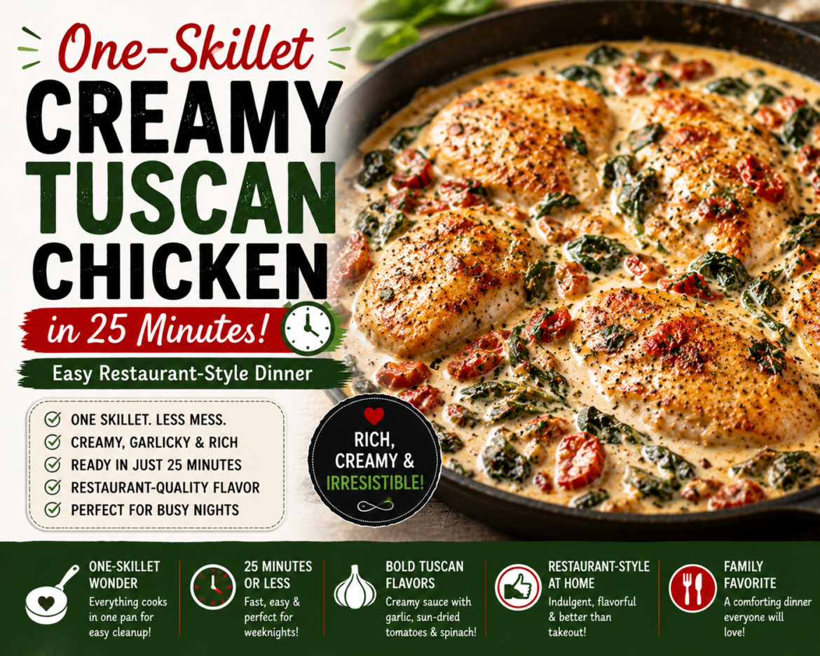 Creamy Tuscan Chicken in a skillet with spinach, sun-dried tomatoes, and rich garlic parmesan sauce served as a quick 25-minute dinner