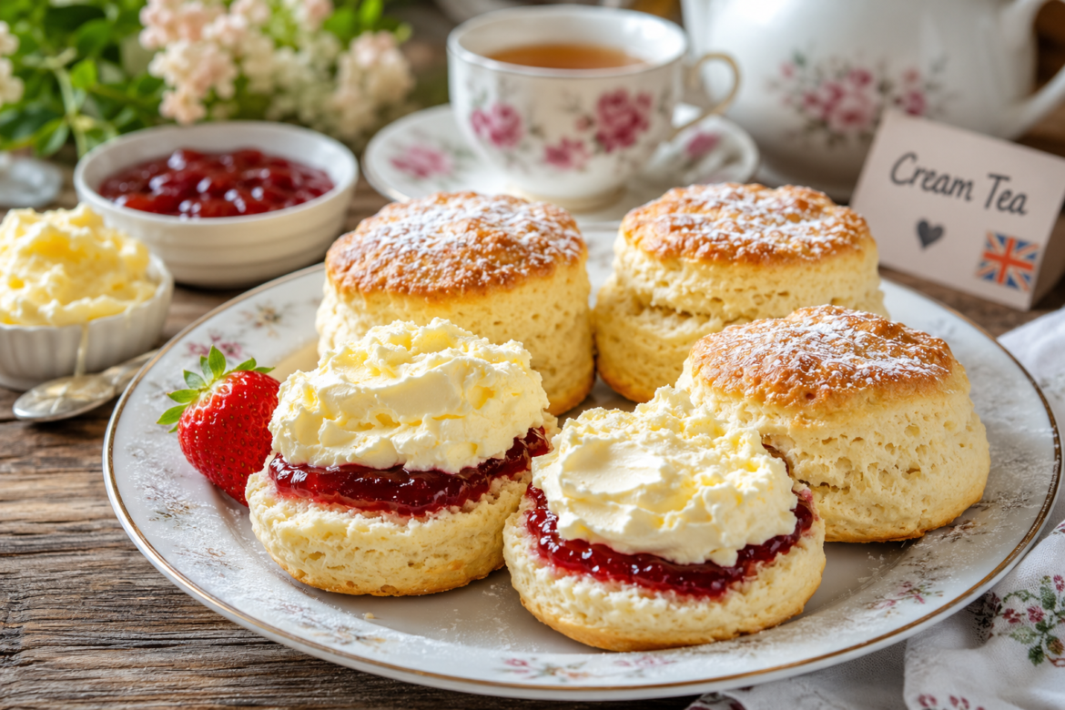 Freshly baked cream tea scones served with strawberry jam and clotted cream on a rustic plate, styled for a traditional British afternoon tea.