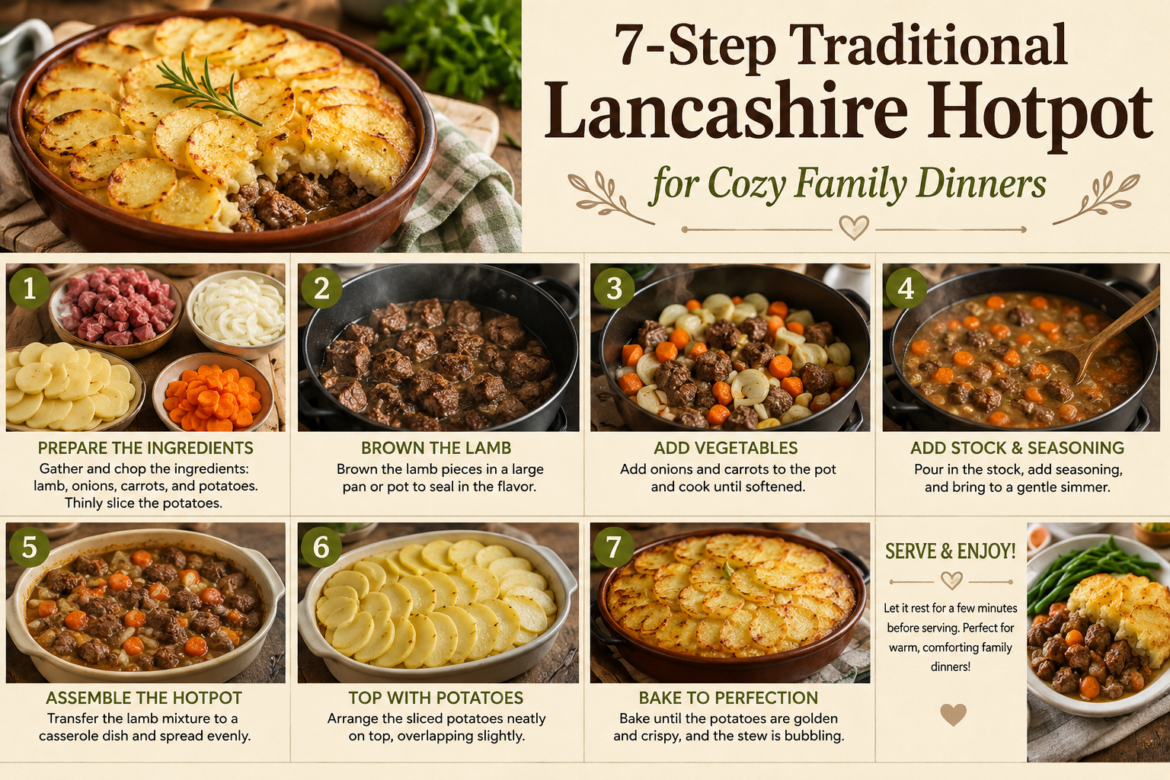 Traditional Lancashire Hotpot with tender lamb, rich onion gravy, and crispy golden sliced potatoes baked in a rustic casserole dish.
