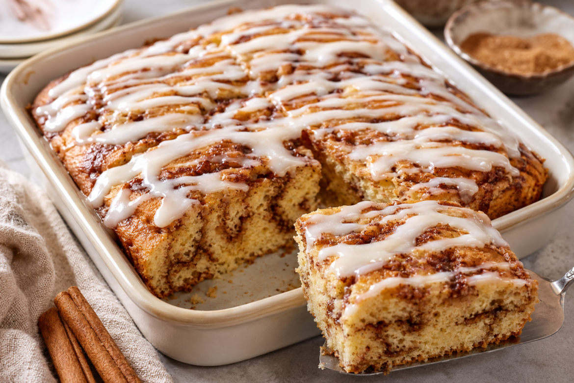 Close-up of a homemade cinnamon roll cake baked in a square pan, topped with glossy vanilla glaze and visible cinnamon swirls, served warm with a slice lifted on a spatula.