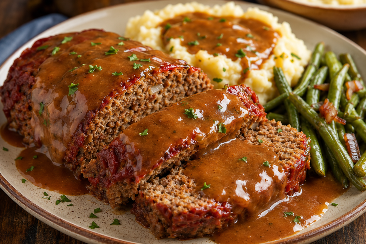 Classic American meatloaf slices topped with rich brown gravy served with creamy mashed potatoes and green beans on a rustic dinner plate.