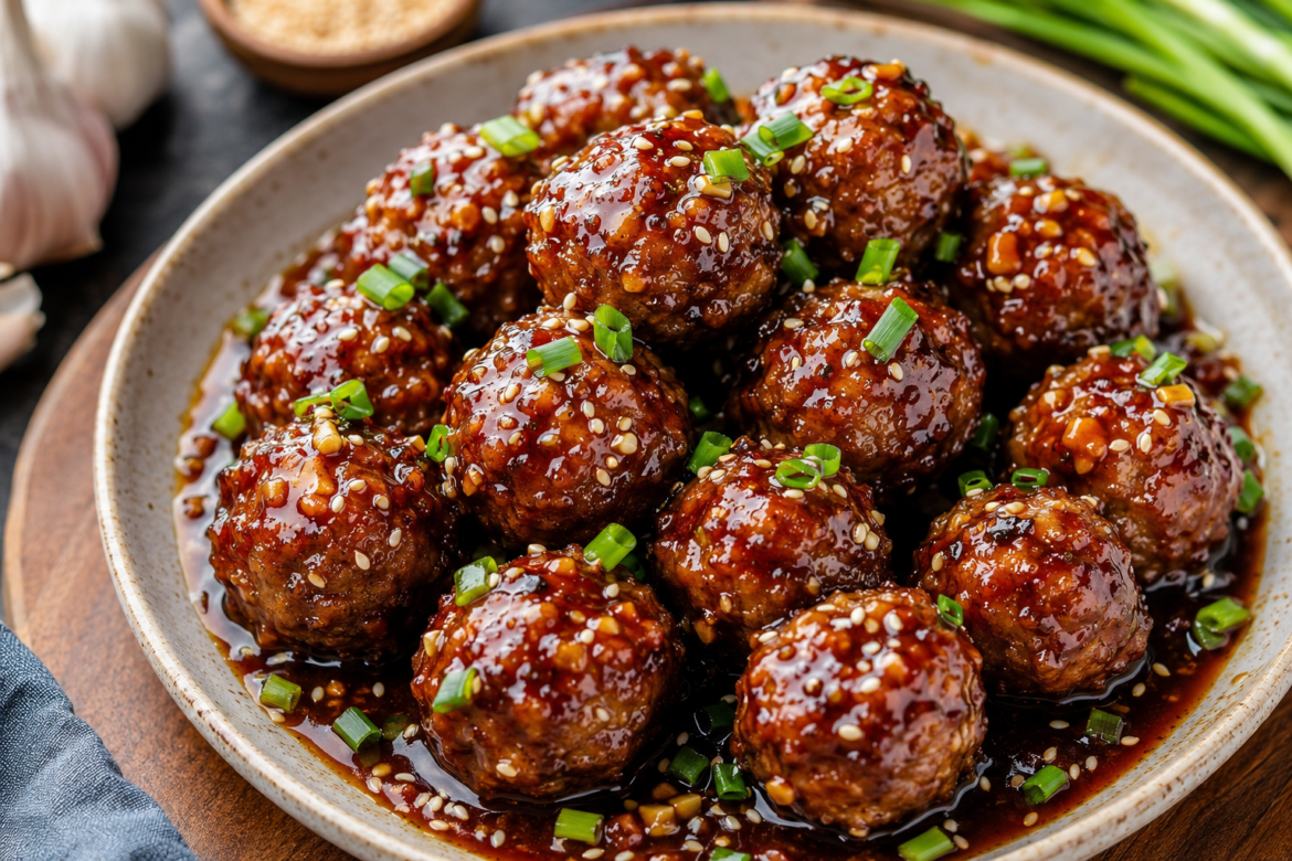 Sticky honey garlic meatballs in a bowl, coated in a glossy caramelized sauce and garnished with sesame seeds and chopped green onions, served as a close-up food photography shot.