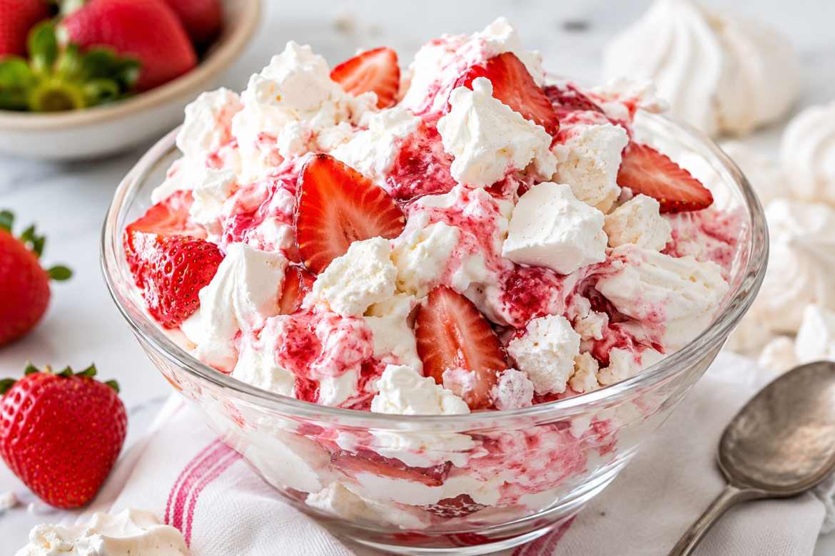 Close-up image of Eton Mess dessert served in a glass bowl, featuring layers of whipped cream, fresh sliced strawberries, and crunchy meringue pieces with a light strawberry sauce swirl.