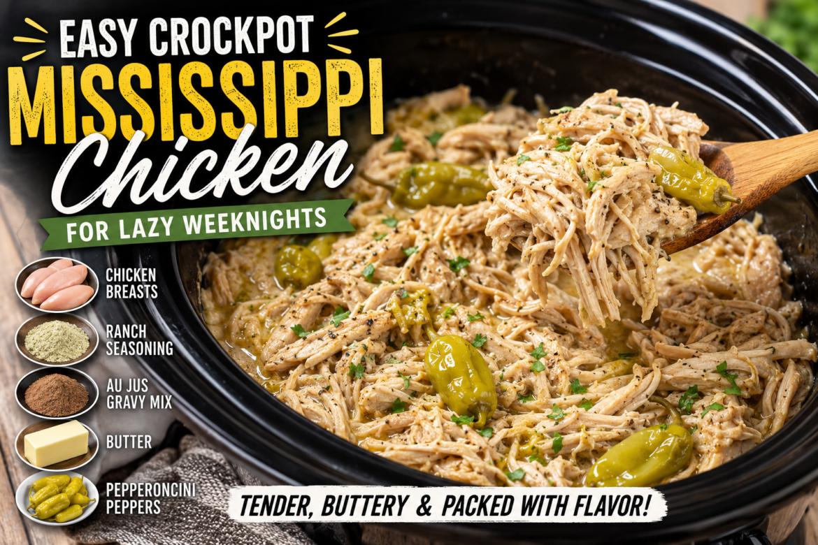 Creamy crockpot Mississippi chicken made with shredded chicken, butter, ranch seasoning, and pepperoncini peppers served in a slow cooker.
