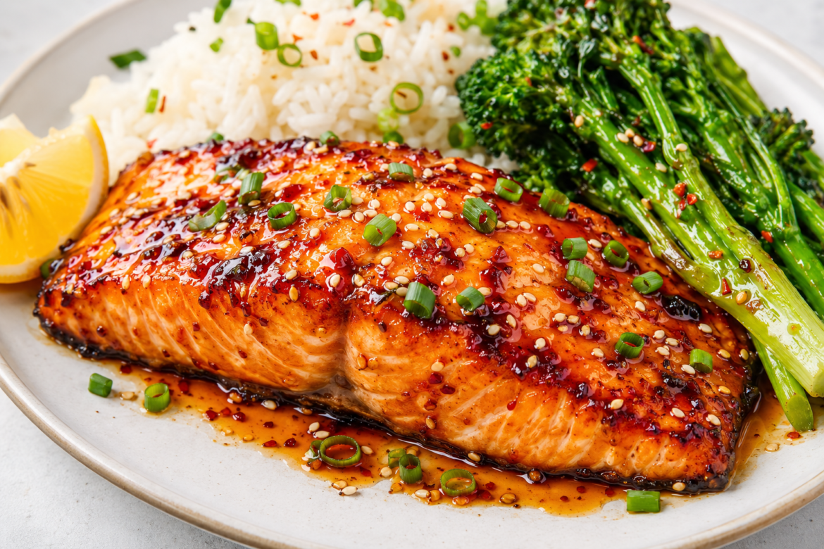 Sweet and spicy honey glazed salmon served with steamed rice, roasted broccolini, sesame seeds, green onions, and lemon wedges on a white plate.