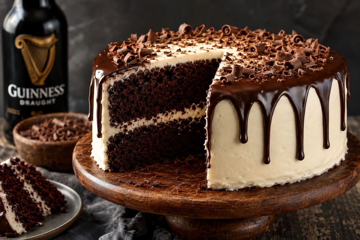 Rich chocolate Guinness cake with creamy frosting, layered chocolate sponge, glossy ganache drizzle, and chocolate shavings on top, served on a rustic wooden stand.