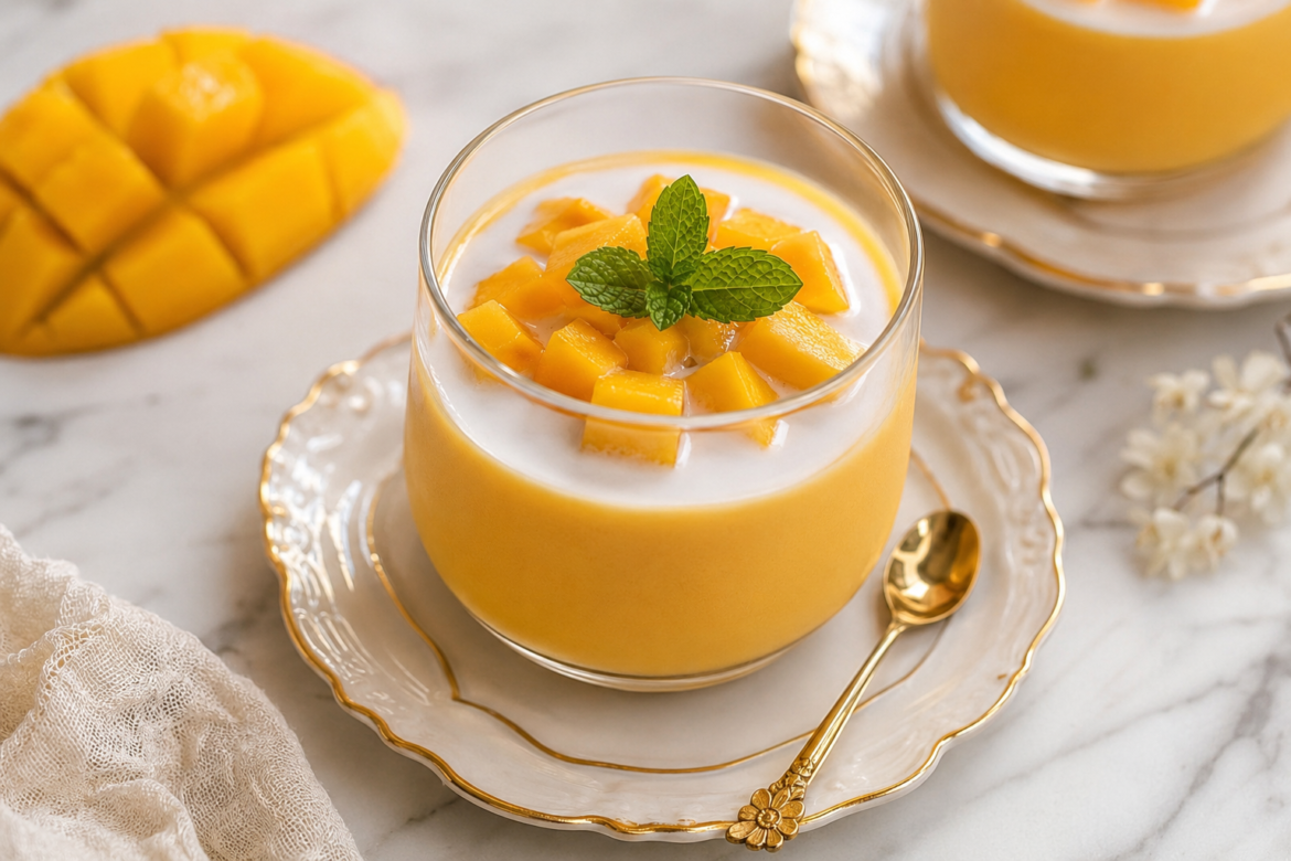 Creamy Chinese coconut milk mango pudding served in an elegant glass with fresh mango cubes, coconut drizzle, and mint garnish on a classy gold-rimmed plate.