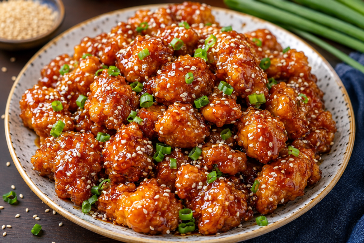 Close-up of crispy honey sesame chicken coated in glossy sticky sauce, garnished with sesame seeds and chopped green onions in a ceramic bowl.