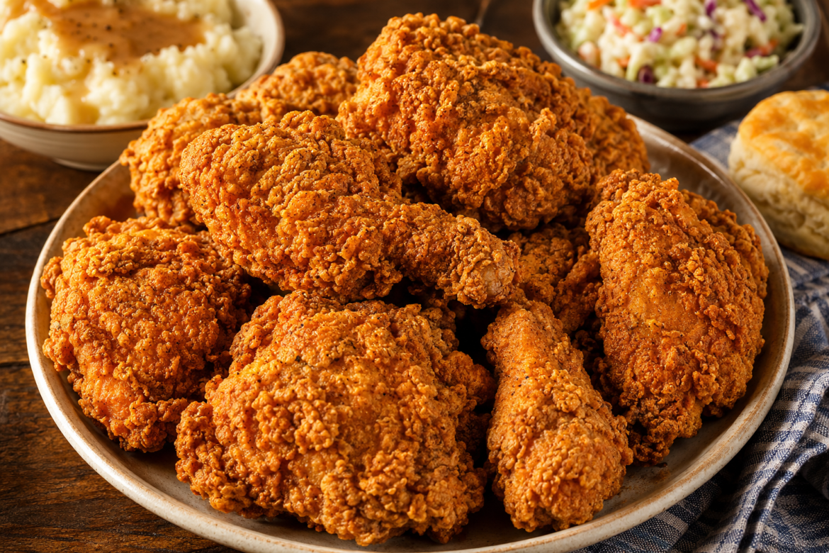 Plate of crispy Southern fried chicken with golden crunchy coating served alongside mashed potatoes, coleslaw, and biscuits on a rustic table.