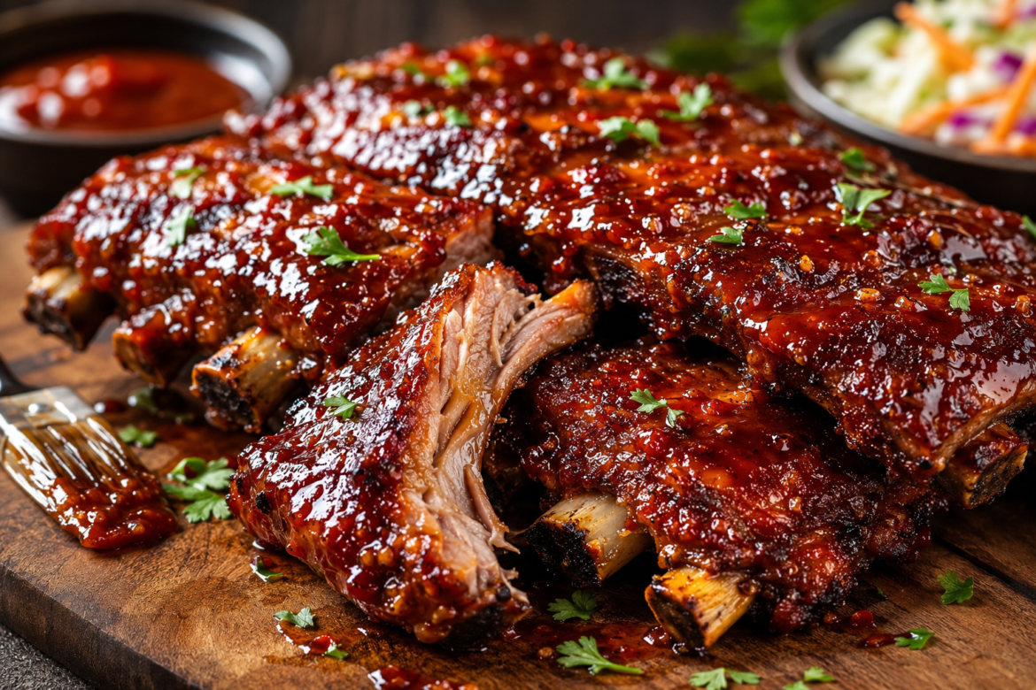 Close-up of sweet and spicy BBQ pork ribs coated in a glossy caramelized barbecue sauce, served on a wooden board with herbs and coleslaw in the background.