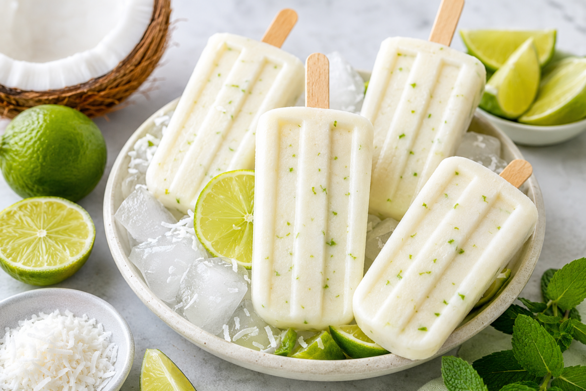 Creamy coconut lime popsicles served over ice with fresh lime slices, shredded coconut, and tropical garnishes on a light marble background.