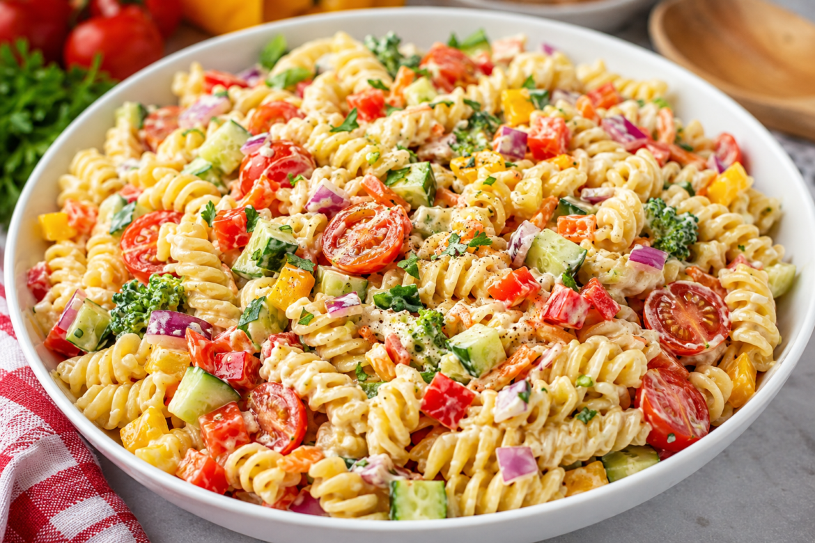 Creamy pasta salad loaded with fresh summer vegetables including cherry tomatoes, cucumbers, bell peppers, broccoli, and rotini pasta in a rich creamy dressing.