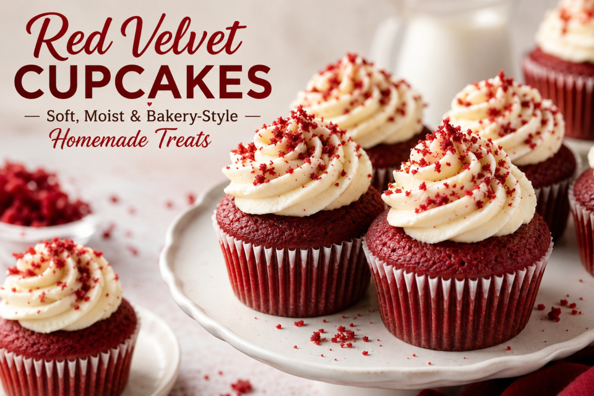 Fresh homemade red velvet cupcakes topped with creamy cream cheese frosting and red velvet crumbs on a white serving plate.