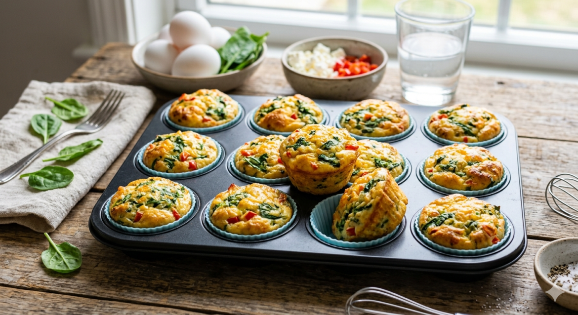 Spinach egg muffins. A close-up, overhead shot of six freshly baked egg muffins in a stone-colored muffin tin. The muffins are golden-brown on top with visible flecks of bright green spinach and melted white cheese. Two muffins are placed on a wooden cutting board in the foreground, showing a light, fluffy texture.