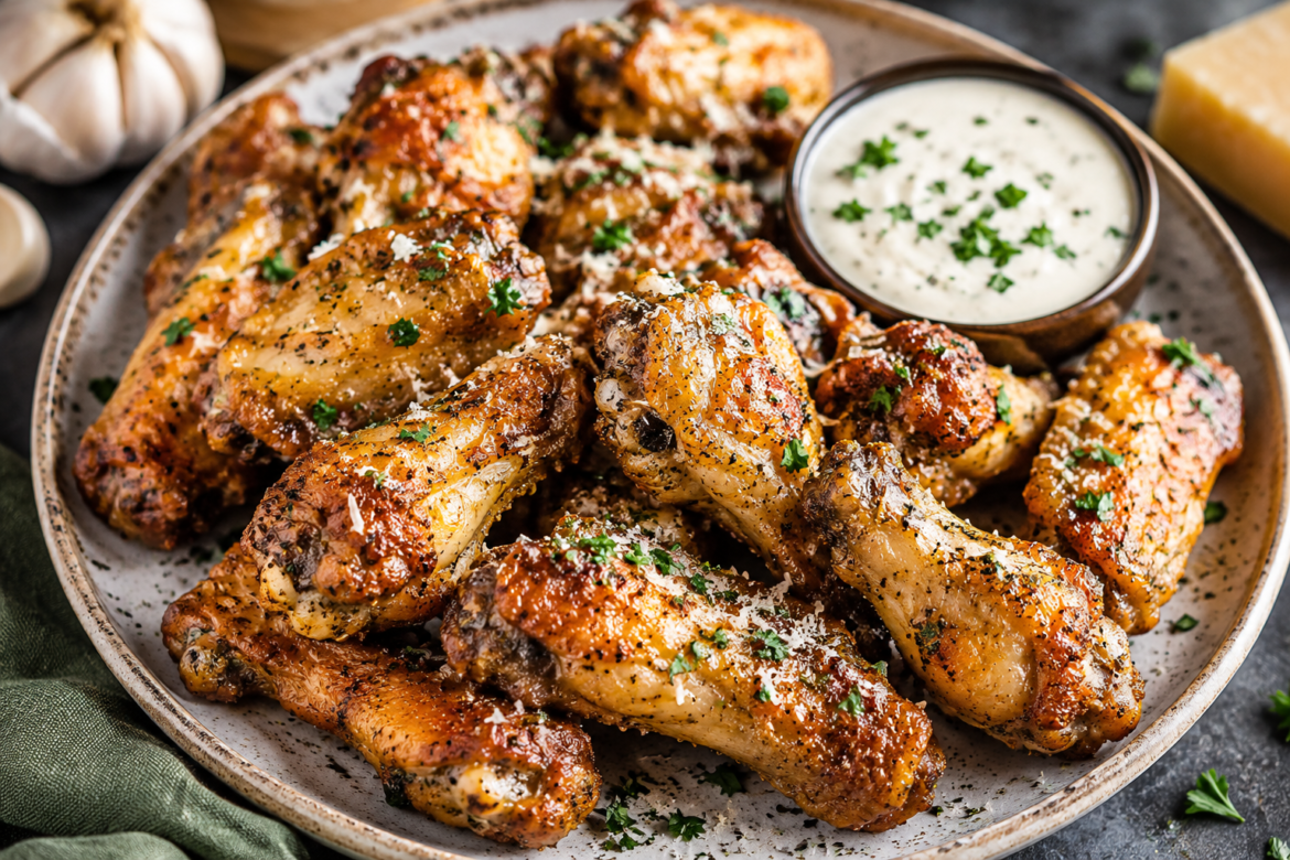 Plate of crispy air fryer galic parmeson wings