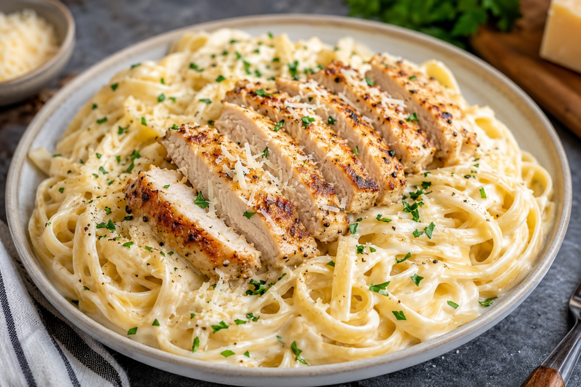 Creamy chicken Alfredo pasta topped with juicy grilled chicken slices, Parmesan cheese, parsley, and black pepper served in a rustic bowl.