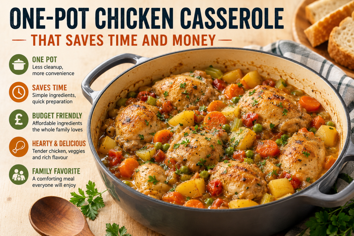 One-pot chicken casserole in a Dutch oven with tender chicken thighs, potatoes, carrots, peas, and herbs in a rich savoury sauce, served as a comforting family meal.
