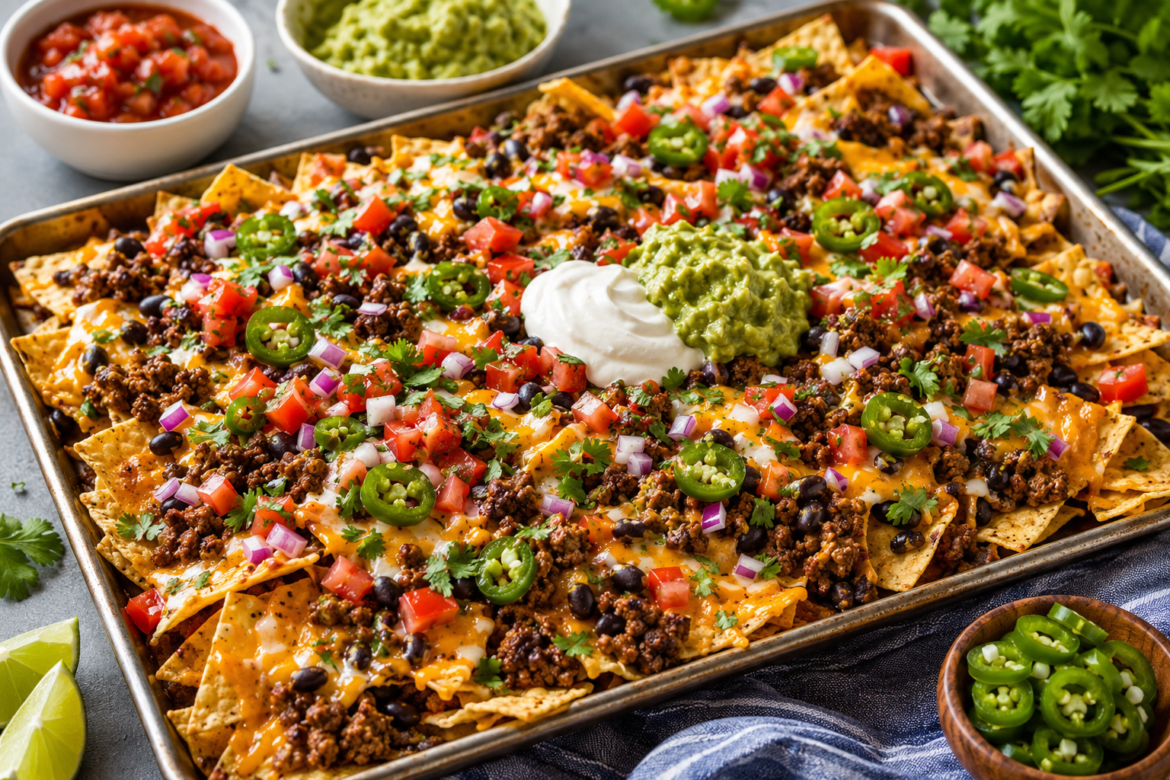 Loaded sheet pan nachos topped with seasoned ground beef, melted cheddar cheese, black beans, diced tomatoes, red onions, jalapeño slices, sour cream, guacamole, and fresh cilantro.