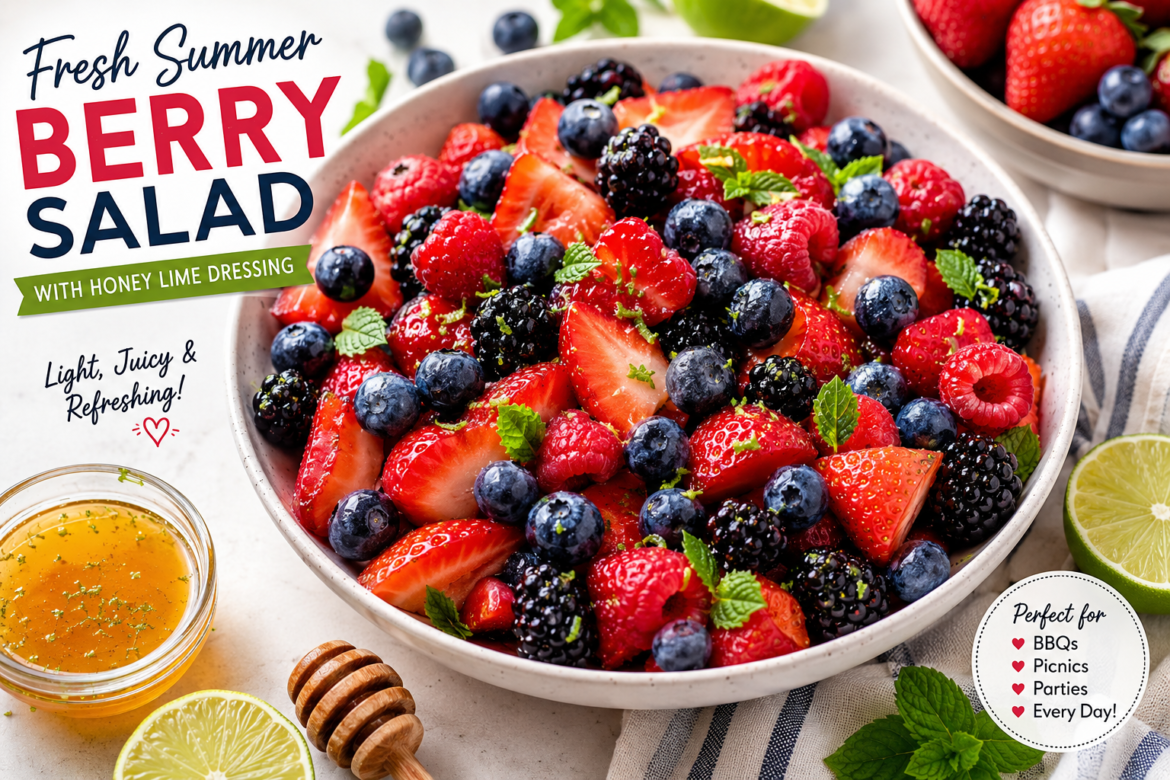 A vibrant overhead shot of a Fresh Summer Berry Salad in a white bowl, filled with strawberries, blueberries, raspberries, and blackberries, topped with mint leaves and lime zest, served with honey lime dressing on the side.