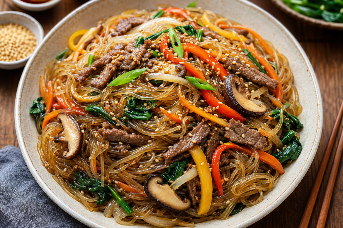 A bowl of authentic Korean Japchae noodles made with chewy sweet potato glass noodles, tender beef, colorful vegetables, shiitake mushrooms, spinach, and toasted sesame seeds.