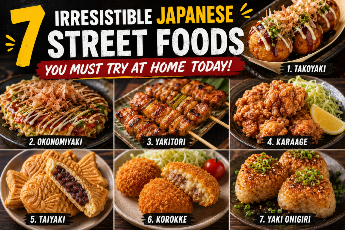 A colorful collage featuring seven popular Japanese street foods including takoyaki, okonomiyaki, yakitori, karaage, taiyaki, korokke, and yaki onigiri arranged in a modern food blog style.