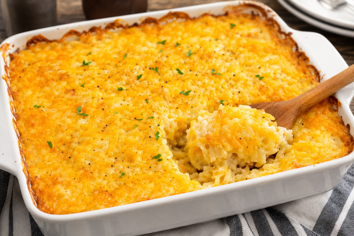 Copycat Cracker Barrel Hashbrown Casserole baked until golden and bubbly in a white casserole dish, featuring creamy shredded potatoes, melted cheddar cheese, and a crispy cheesy topping.