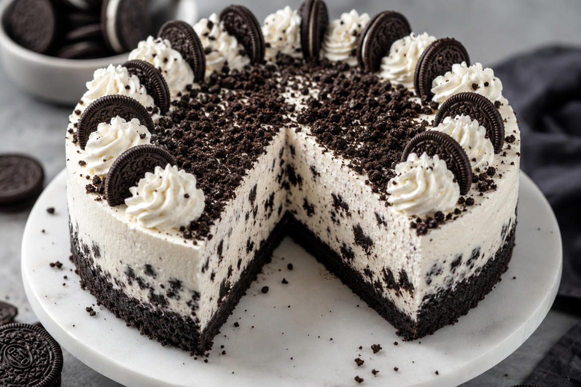 Creamy no-bake Oreo cheesecake topped with whipped cream, crushed Oreo cookies, and whole Oreo pieces on a chocolate cookie crust, served on a dessert plate.