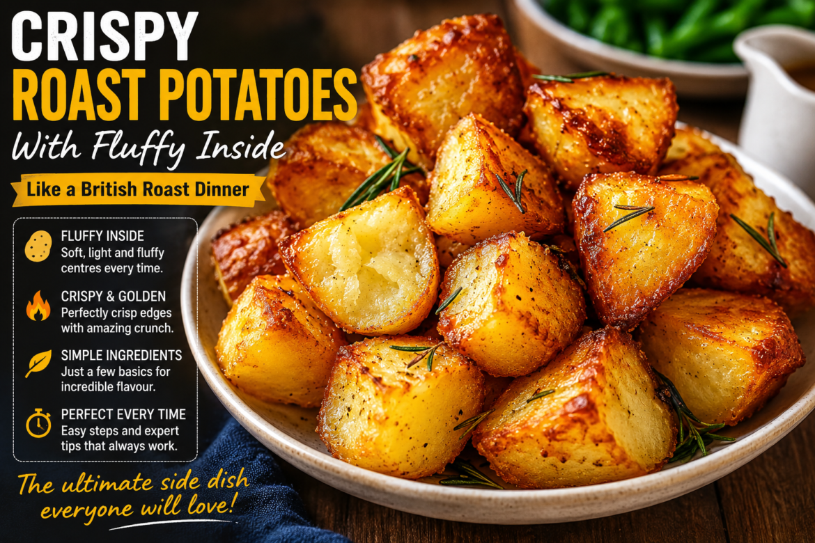 Close-up of golden crispy roast potatoes with fluffy interiors, served in a bowl and styled with rosemary, presented as a British roast dinner side dish with recipe text overlay.