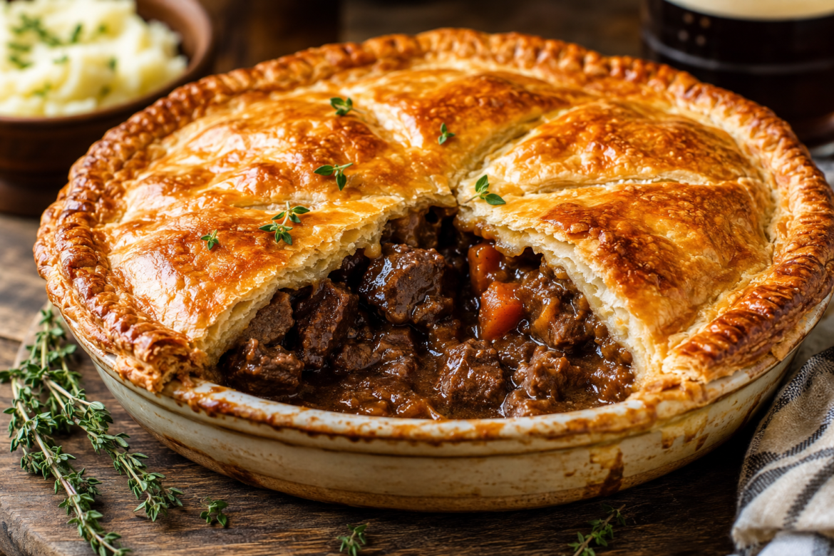 Close-up of a golden, flaky homemade steak and ale pie in a white ceramic dish, filled with rich beef stew, carrots, and thick gravy, served on a rustic wooden table with thyme garnish.