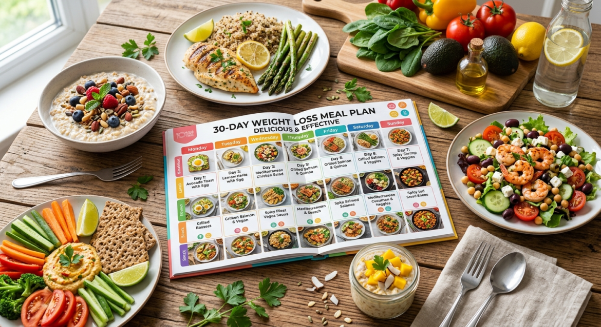 30-day weight loss meal plan featuring healthy high-protein meals, grilled chicken, vegetables, quinoa, berries, and nutritious meal prep ideas
