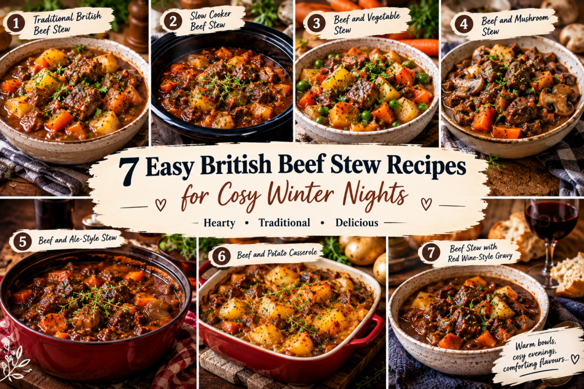 7 easy British beef stew recipes featuring tender beef, potatoes, carrots, mushrooms and rich gravy for cosy winter nights.