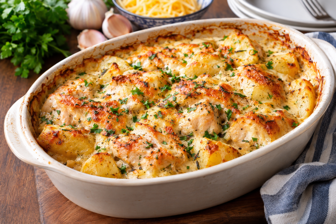 Creamy garlic chicken and potato casserole with tender chicken, golden potatoes, melted cheese and fresh parsley.
