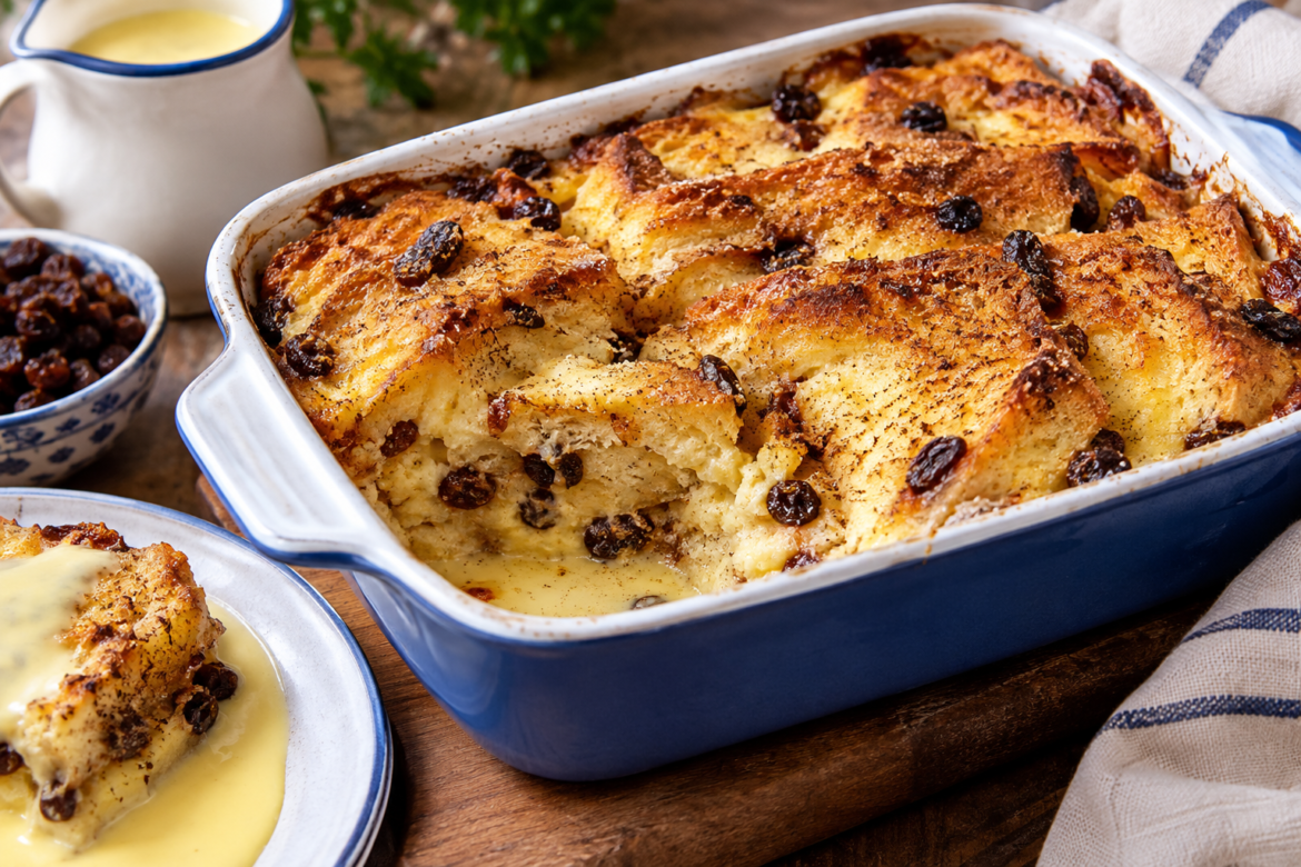 Traditional British Bread and Butter Pudding with golden buttery bread slices, creamy vanilla custard, sweet raisins, and a crispy baked topping.