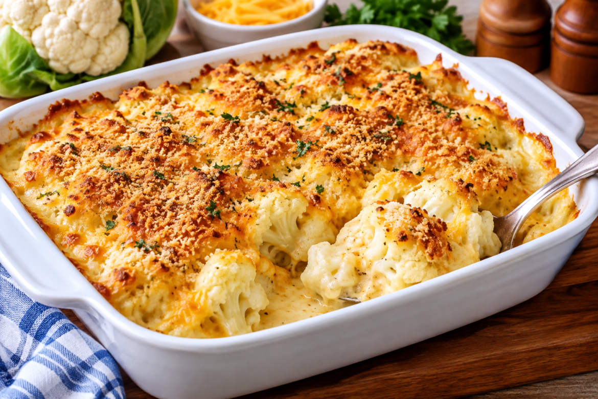 Creamy cauliflower cheese bake with tender cauliflower florets covered in rich cheddar cheese sauce and topped with golden crispy breadcrumbs.