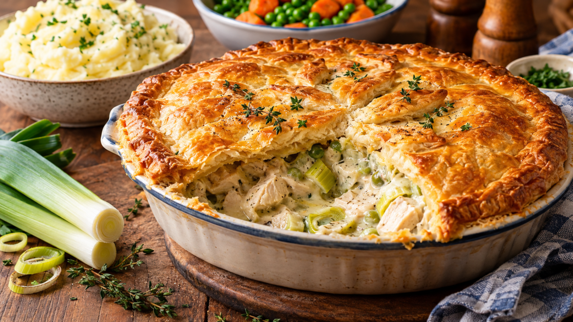 Homemade British chicken and leek pie with creamy chicken filling and golden flaky puff pastry, perfect for a cosy winter dinner.